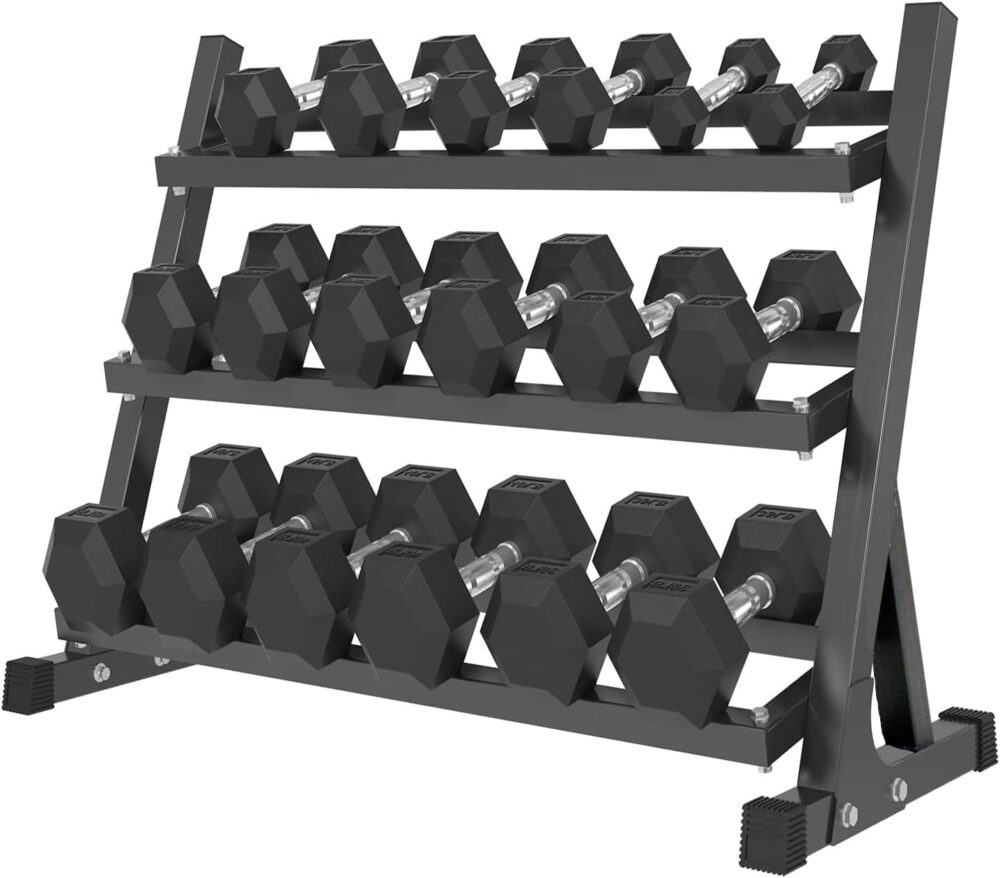 450 lb Weight Dumbbell Set with Rack of 9 Pairs, Rubber Encased Hex Dumbbell with Rack, Hand Weights Set for Women Men, Complete Weight Set Barbell Coated for Exercise Training, Weight Storage Rack