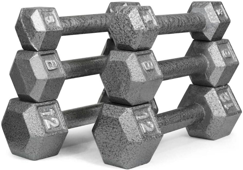 Cast Iron Solid Hexagon Grey Dumbbell Combo, Strength Training Free Weights for Women and Men, Hand Weights Sold by Set, With or Without Rack Options