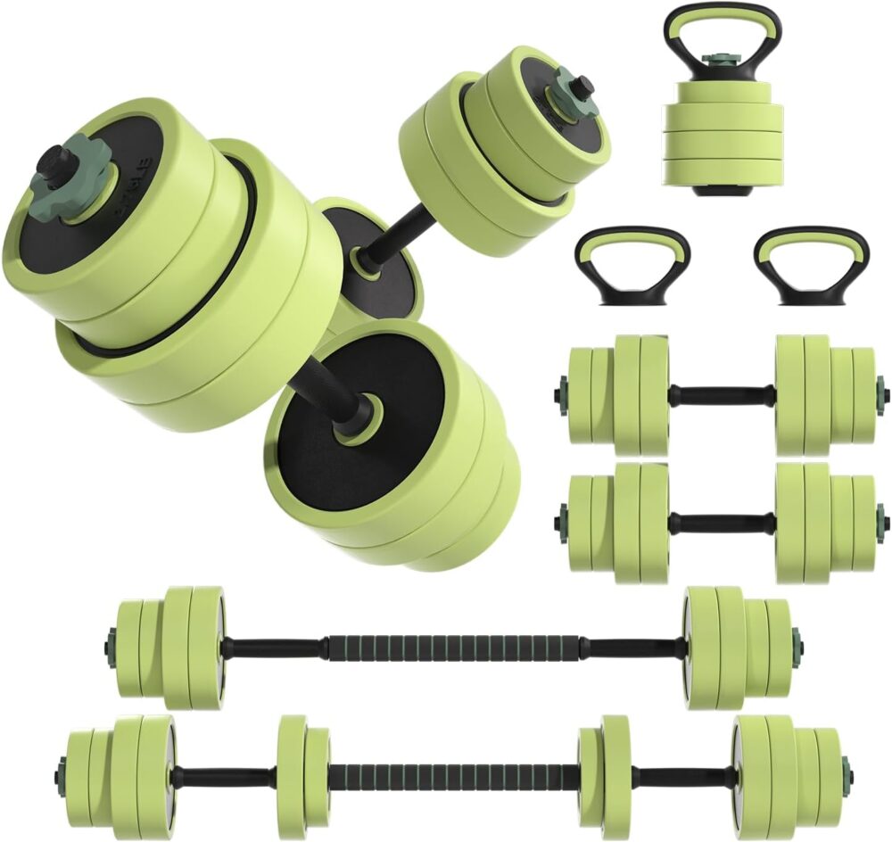 Adjustable Dumbbell Set 22/42/62LBS, 4-in-1 Free Weight Dumbbell Set Used as Kettlebell, Barbell, Dumbbell & Push-Up Stand, Iron Sand Weights Dumbbells with Connector for Home Gym