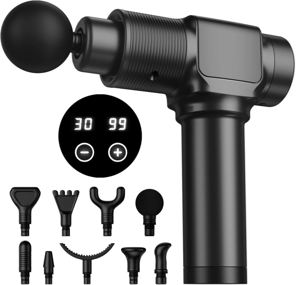 Massage Gun, Deep Tissue Massager Gun for Pain Relief, Percussion Muscle Massage Gun for Athelets, Handheld Electric Back Massager with 30 Speed Levels & 9 Massage Heads