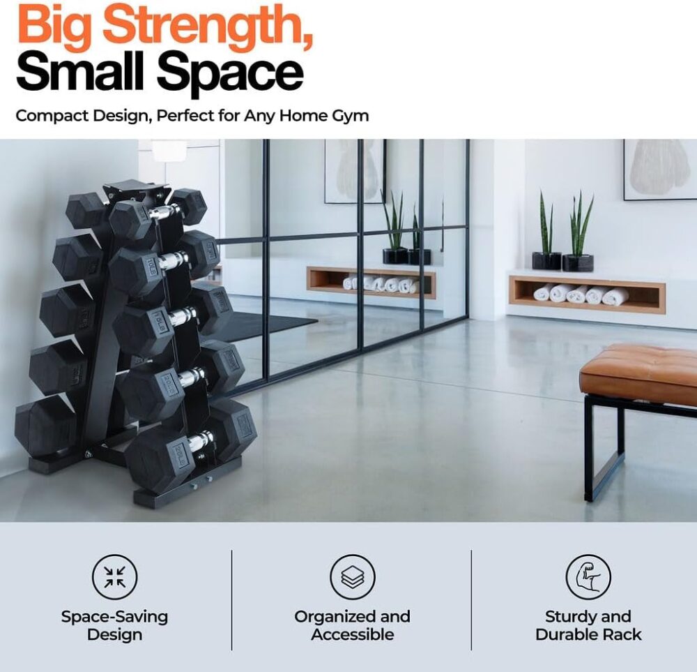 Weights Dumbbells Set with Rack - 150 lb Rubber-Coated Dumbbells for Easy Grip, Durable Carbon for Strength Training, Essential Workout Equipment for All Fitness Levels - Image 2