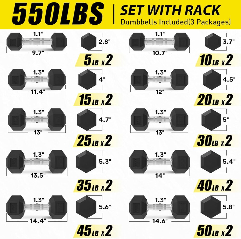 Rubber Hex Dumbbell Set with Racks, Multiple Options in 160/200/380/450/550lbs, Strength Training Weight Set Home Gym(New) - Image 2