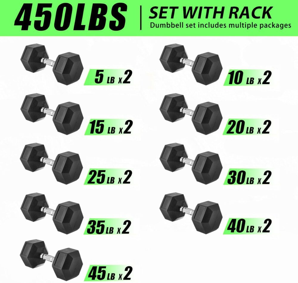 Dumbbells Weight Sets with Rack,450 lbs Dumbbell Sets 9 Pair,Hand Weights Rack with Dumbbell Sets - 5-45 lb Pair Rubber Dumbbells Set for Your Home Gym - Image 2