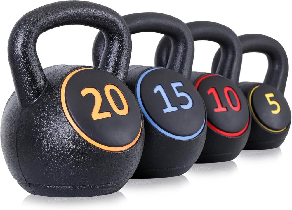 Kettlebell Sets 4 Piece Strength Training KettleBells Weight Set 5lb, 10lb, 15lb, 20lb  Coated Concrete Kettle bell Core Training or Women & Men for Full Body Workout & Exercise Fitness
