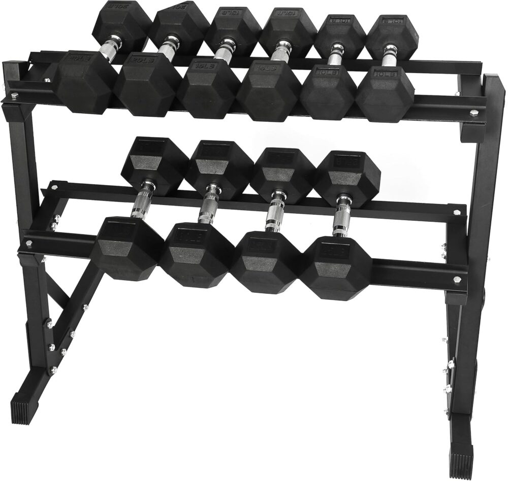 Premium Rubber Coated Hex Dumbbell Weight Set and Storage Rack, Multiple Packages
